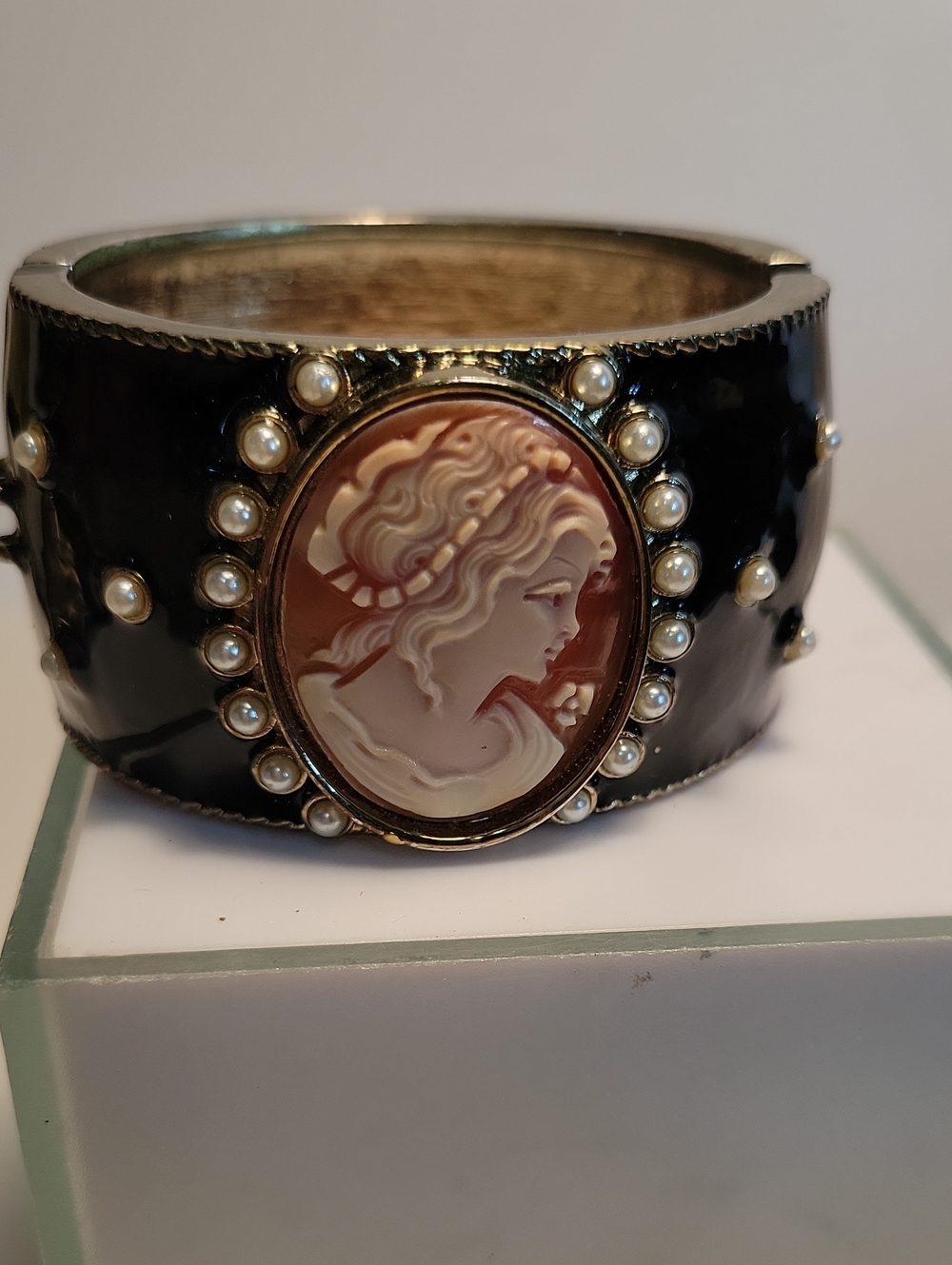Amedeo Black Enamel Cameo Pearl Accent Cuff Bracelet